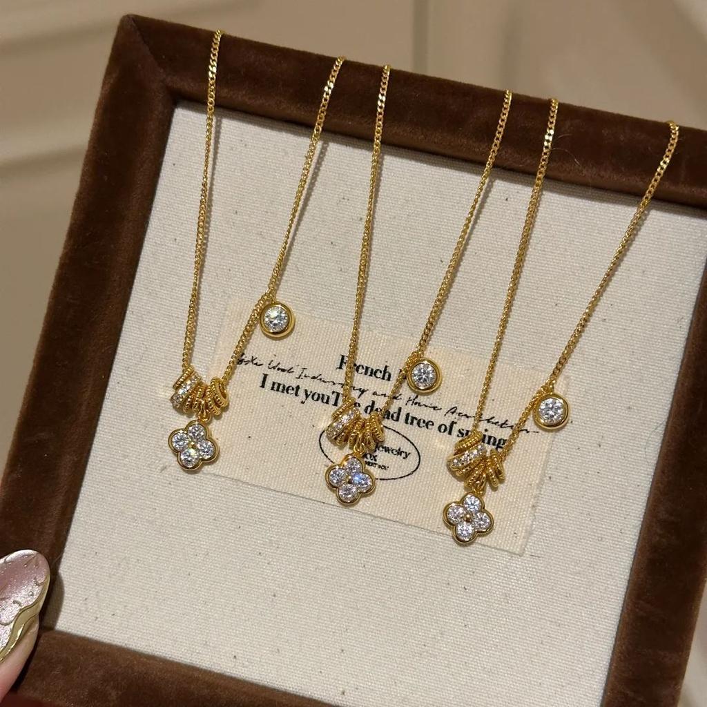 Foydjew French Style Luxury Retro Necklaces Four-leaf Clover Snowflake Design Bracelets Chain Rings Zircon Sets 2024 New Trend