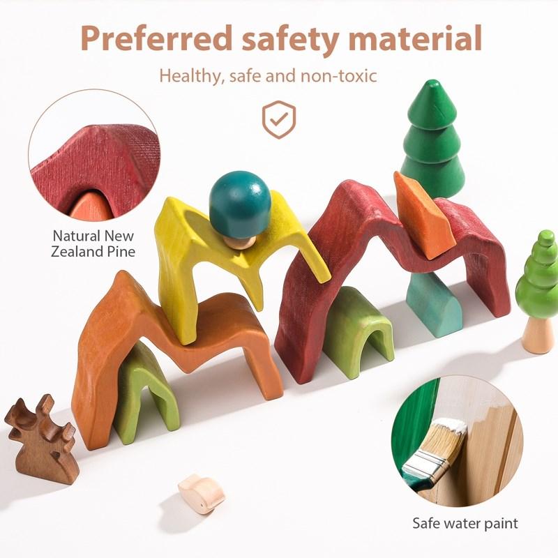Montessori Irregular Blocks Stacking Balance Toy for Children Wooden Rainbow Blocks Education Learning Mountain Simulation Toy
