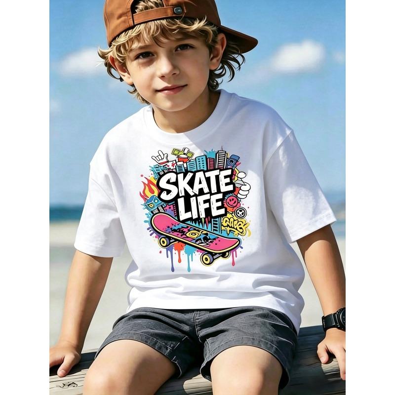 Boys Crewneck Short Sleeve T-Shirt, SKATE LIFE Graffiti Skateboard Print 110 белый