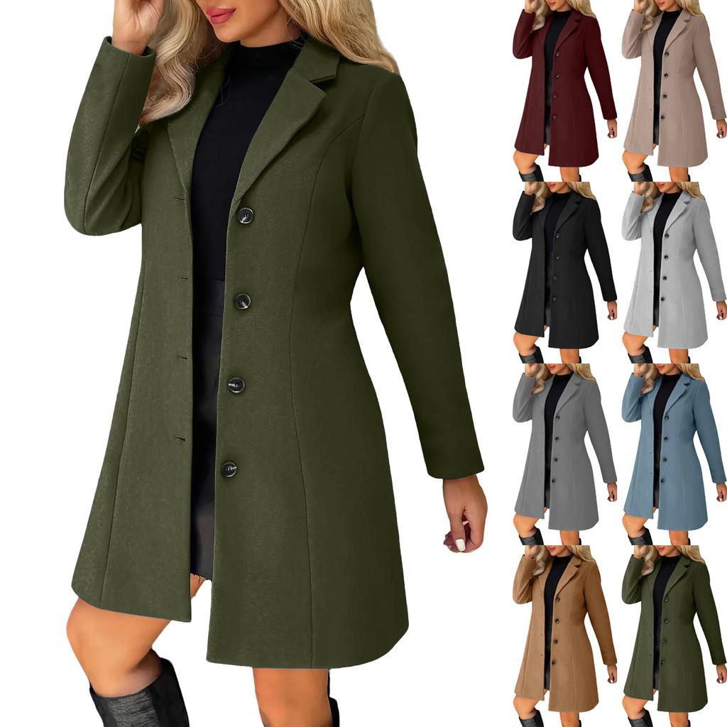 Women's Solid Color Long Sleeved Lapel Long Coat Woolen Button Coat
