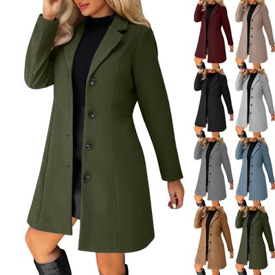 Women's Solid Color Long Sleeved Lapel Long Coat Woolen Button Coat