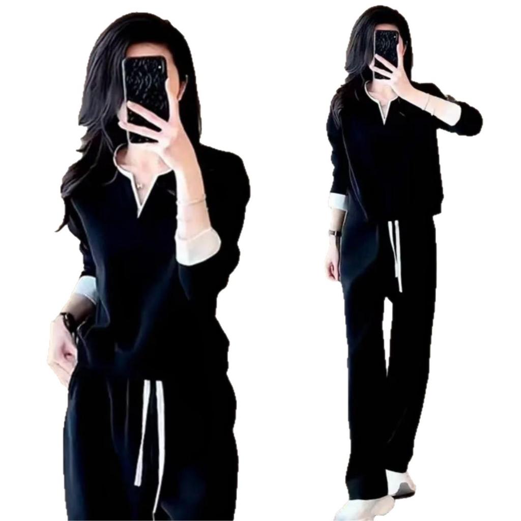 2025 Autumn/Winter High-End Women's Casual Sportswear Set: Stylish Slimming Color Block Hoodie & Wide-Leg Two-Piece Set