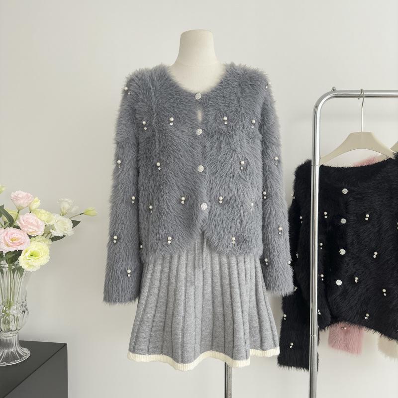 Women's Beaded Faux Mink Fur Coat - Korean Style Knit Cardigan, Spring/Autumn Long Hair Outerwear.