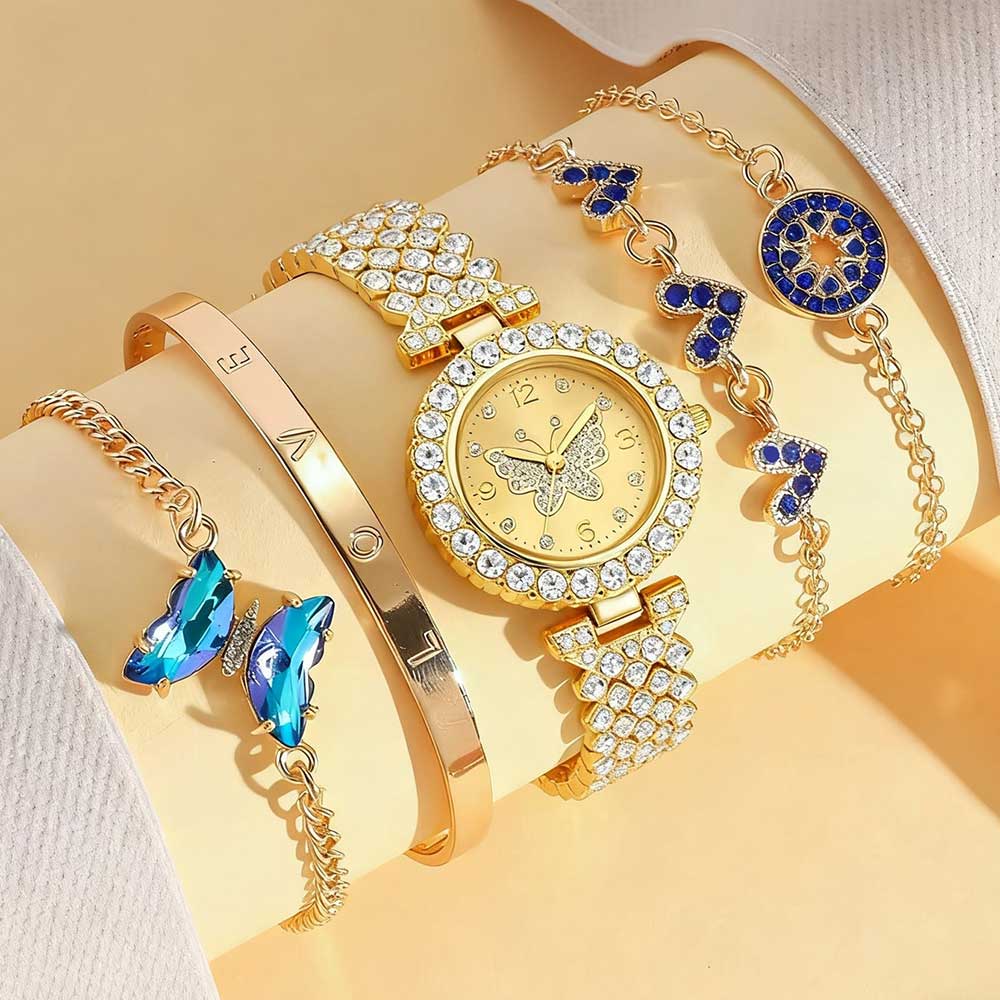 5PCS Golden Ladies  Watch Set Luxury Trendy Butterfly Element Dial Quartz Watch Bracelet Set Perfect Holiday Gift золотой