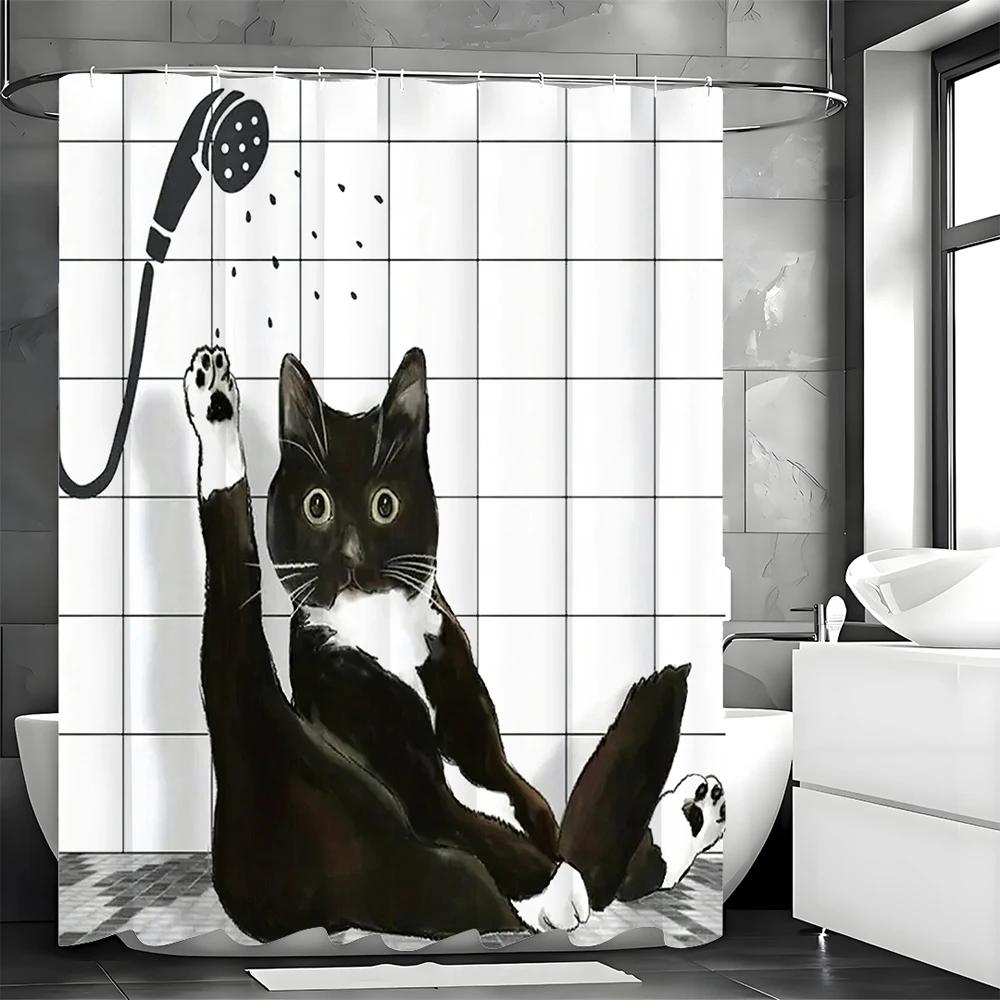 Black Cat Shower Curtain, Bathroom Decorative Shower Curtain, Waterproof Shower Curtain with Hooks