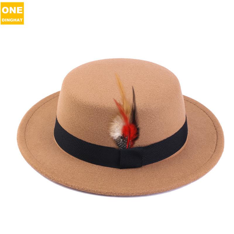 Men'S And Women'S Woolen Wool Flat Top Top Top Hat Retro Chicken Feather Jazz Hat Gentleman'S Hat Jdl-008A