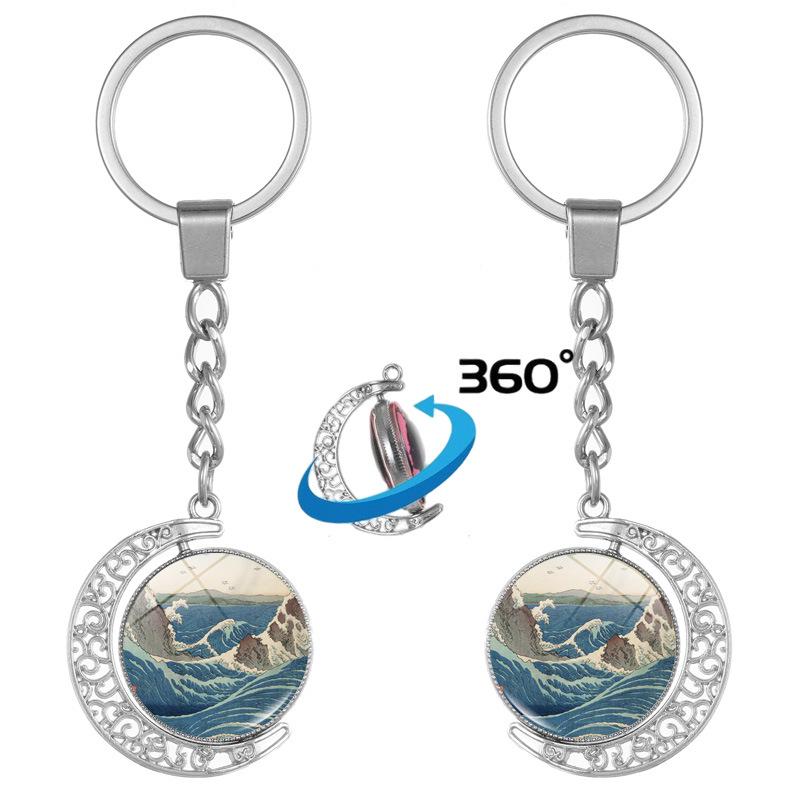 Japanese Wave Ukiyo-e Art Double-Sided Rotating Keychain Pendant