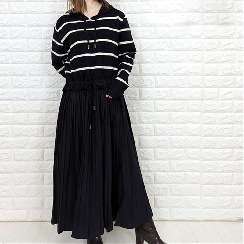 Long Sleeve Plus Size Hooded Knitted Patchwork Vintage Stripe New In Dresses for Women Casual Loose Spring Autumn Sweater Dress