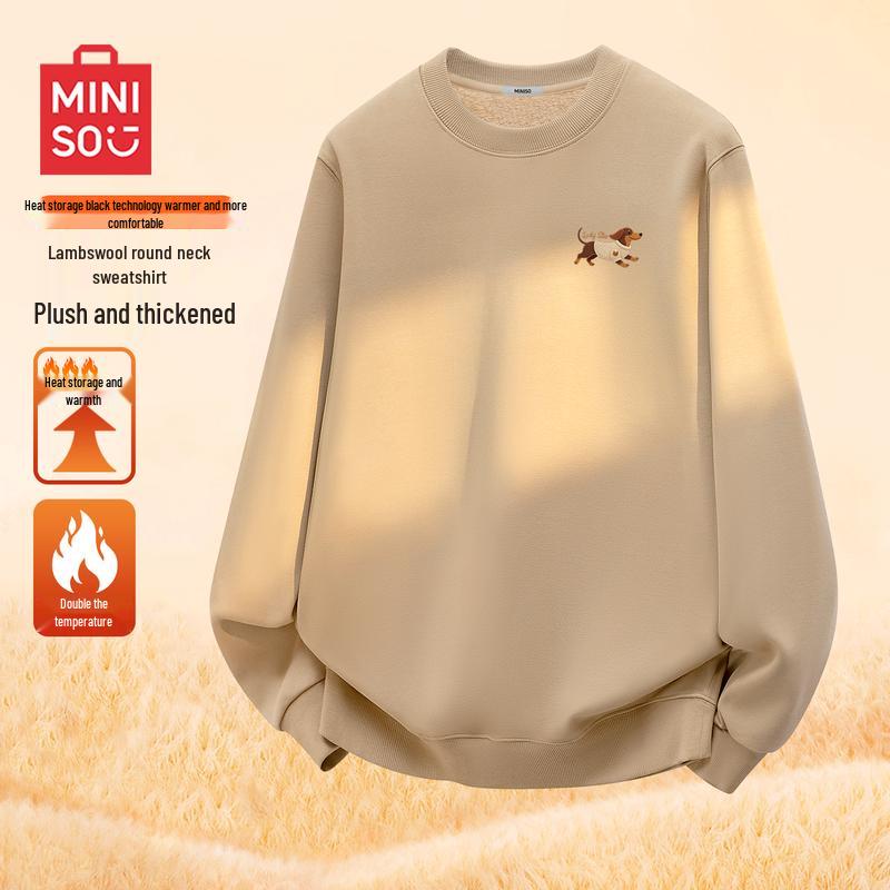 MINISO Men's Fleece-Lined Crew Neck Sweatshirt with Dachshund Logo