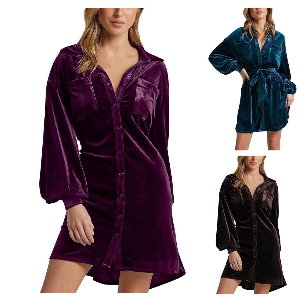 Women's Fashion Long Sleeve Color Pocket Canary Velvet Dress
