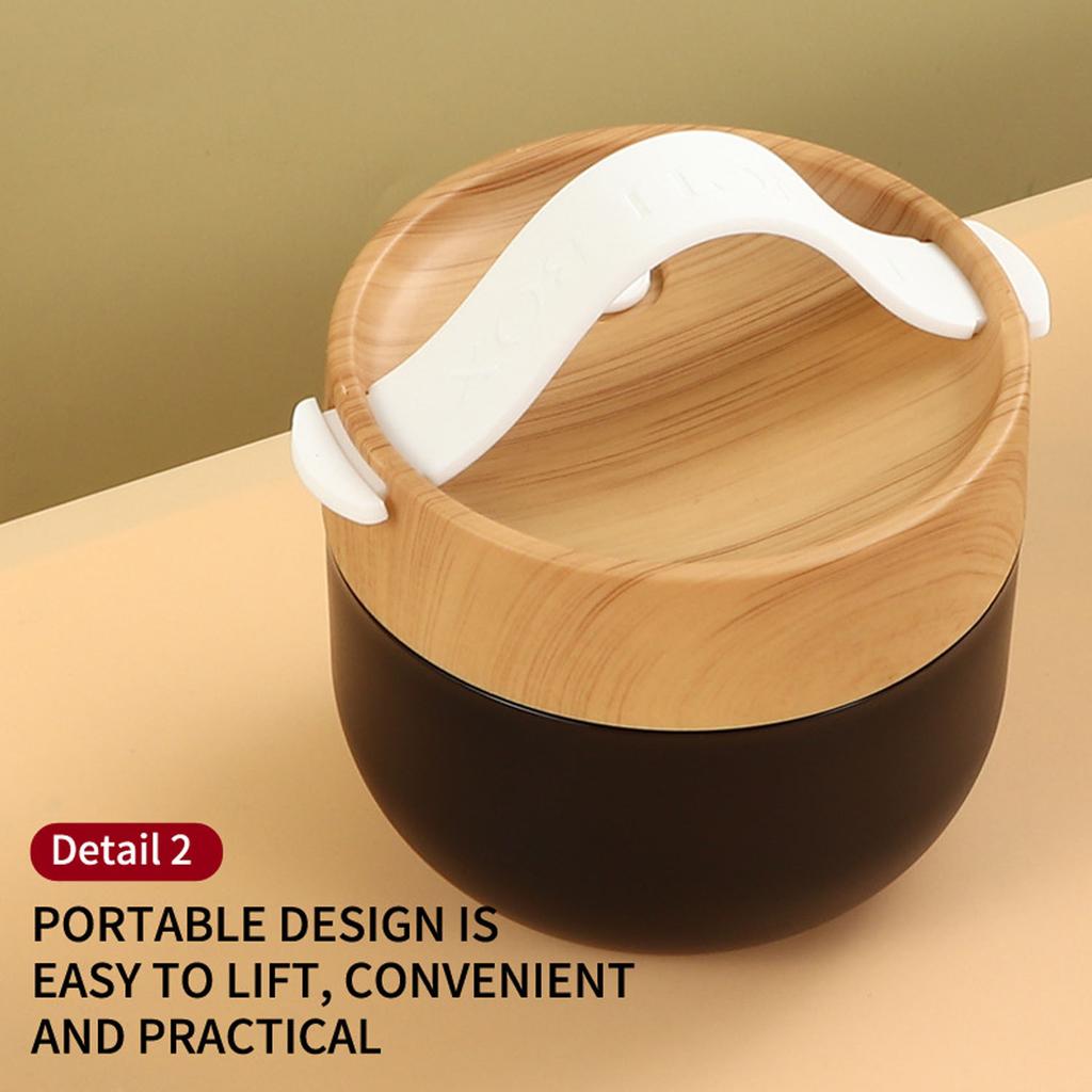 Black Double Layer Wood Grain Bento Box with Soup Cup Thermal Bag and Dipping Dish for Work School Lunch
