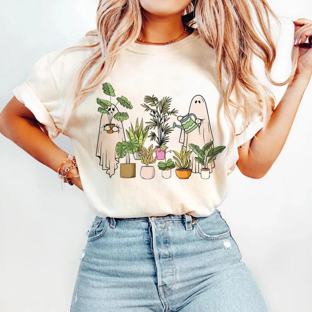 Funny Ghost Plant Halloween Plant Lover Printed Pattern Fashion Halloween Summer O-Neck T-Shirt Women's Casual Style T-Shirt