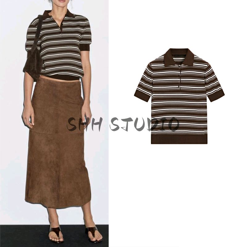 MD Autumn New Women clothes Navy Style Retro Stripe Cotton Short sleeve Polo Shirt T-shirt Top 6255305