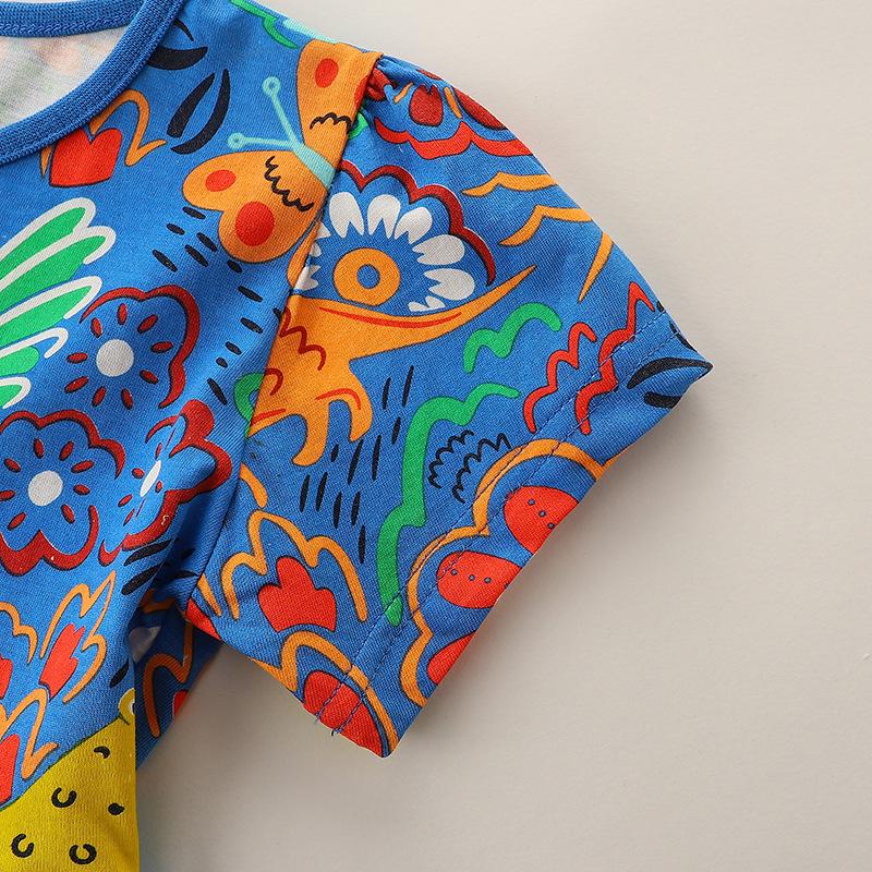 Sommer-Prinzessinnenkleid für Mädchen - Cartoon-Tierdruck, Rundhalsausschnitt, Kurzarm