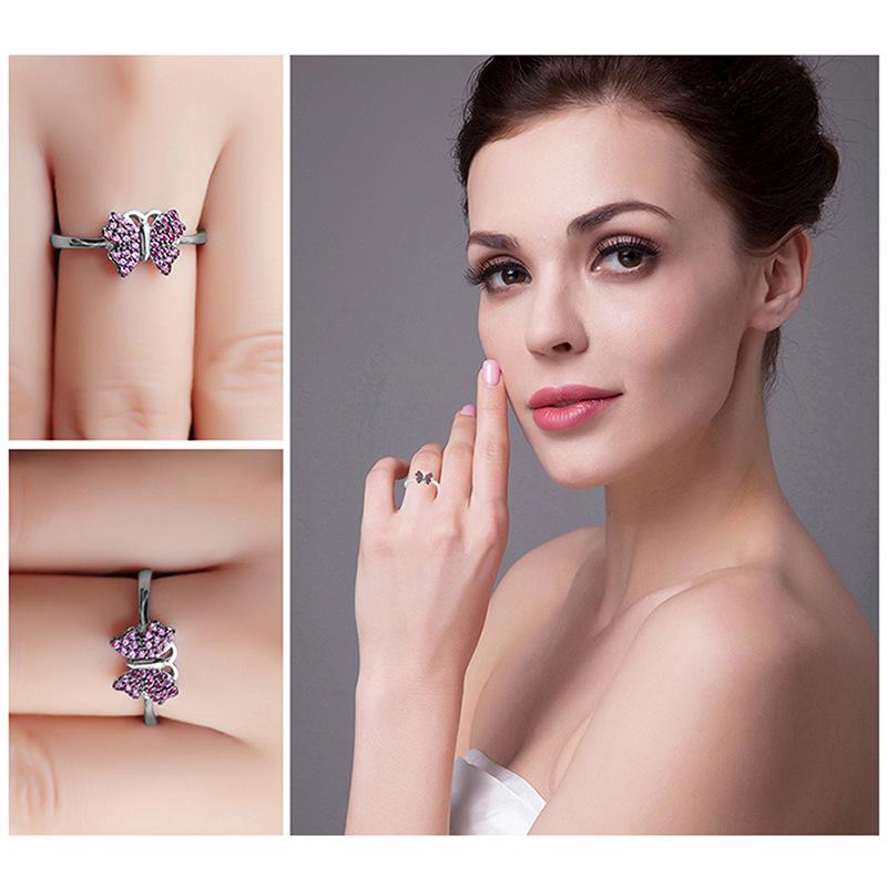 S925 Silber Mikropavé roter Korund Schmetterling Tier Ring Schmuck