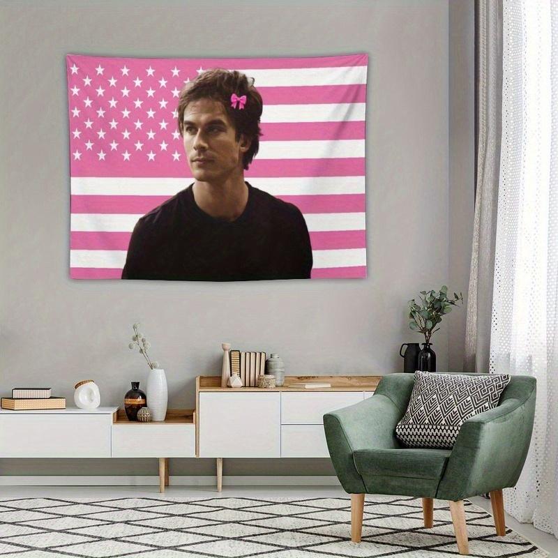 Ian S-Somerhalder Pink Bow American Flag Tapestry Aesthetic Wall Hanging for College Dorm Bedroom Room Decor Funny Fan Gift