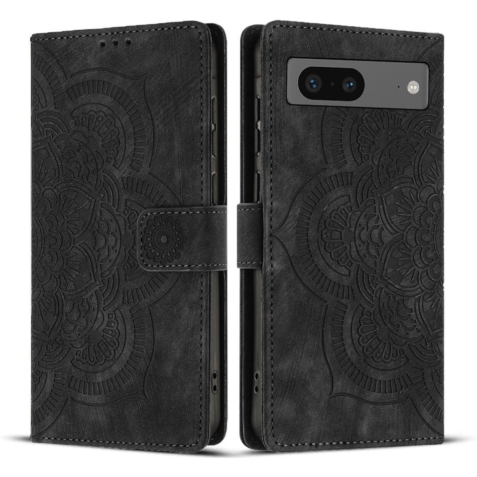 

For Google Pixel 8a Leather Case WANLONFENG HDM Series Mandala Imprint Wallet Stand Phone Cover Black