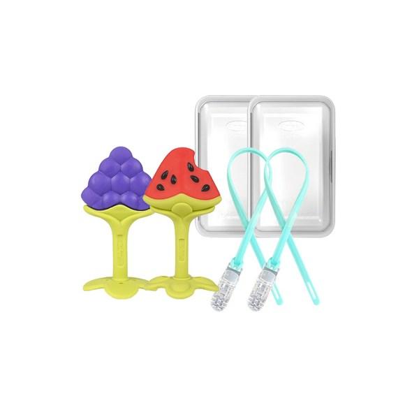 Anju Best Teether 2 Types (selected) + 2 Cases + 2 Clamp Holders Set, Grape + 3D Watermelon, Mixed Colors, 1 Set, Korean Baby Products