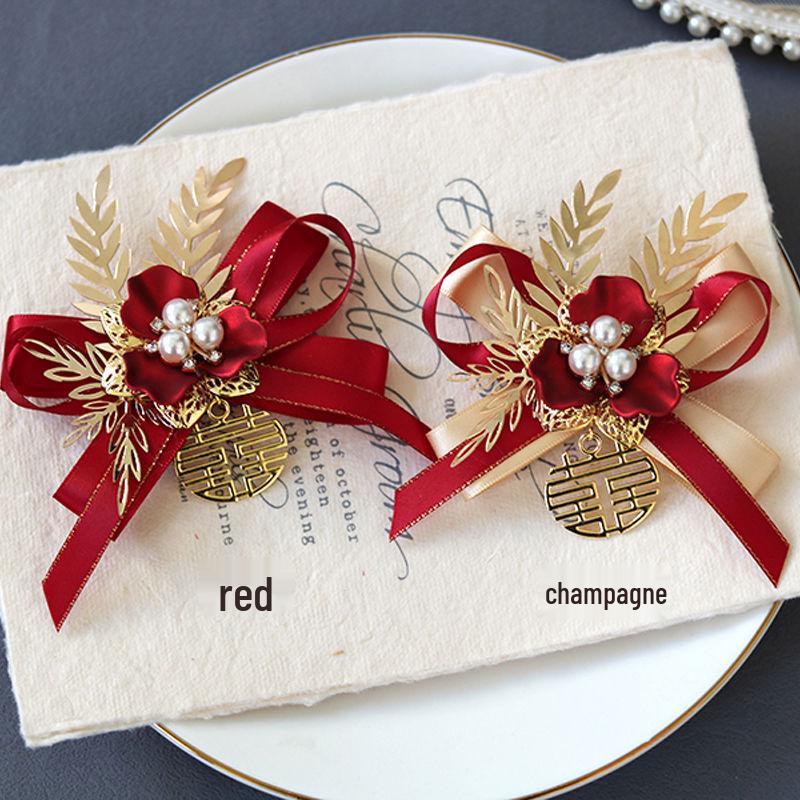 Forest Style Chinese Wedding Corsage Set: Bowknot Brooches for Groom, Bride, and Parents