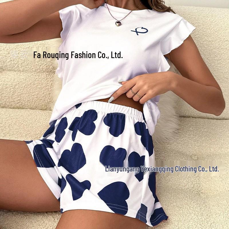 Women's Summer Fly Sleeve T-Shirt & Long Pants Pajama Set - Milk Silk Heart Print