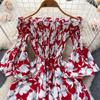 Floral Print Strapless Dress Women French Slash Neck Flare Sleeve Elastic Waist Lady Vacation Fashion Slm A Line Dress