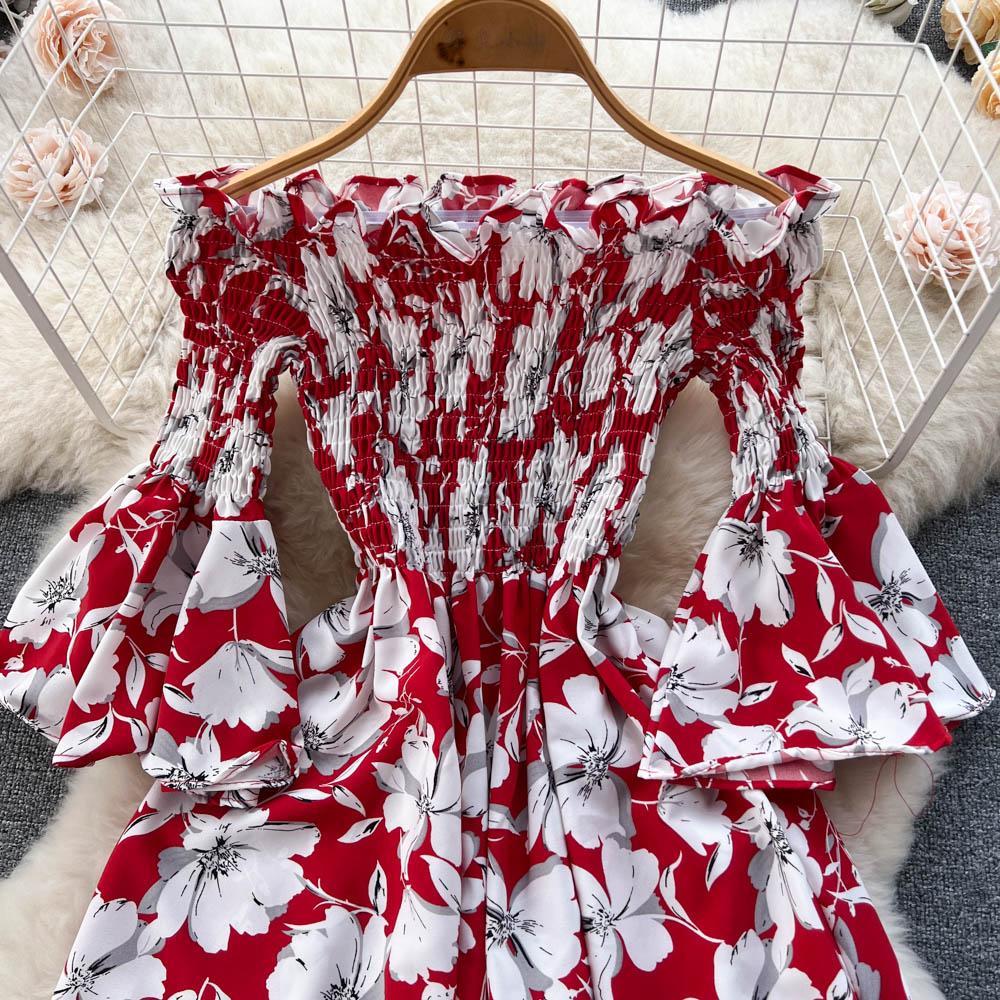 Floral Print Strapless Dress Women French Slash Neck Flare Sleeve Elastic Waist Lady Vacation Fashion Slm A Line Dress
