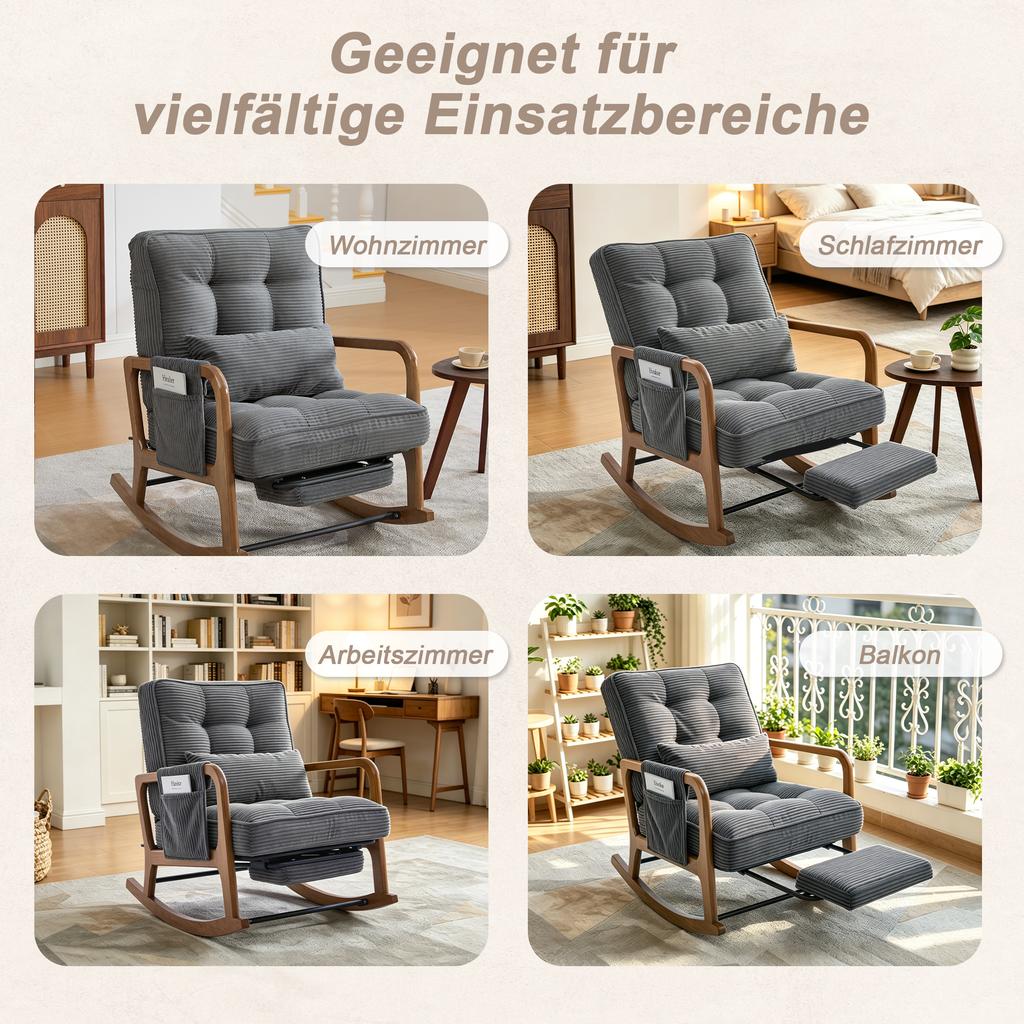 Modern Rocking Chair with Footrest, with Side Pockets, with Lumbar Cushion and Adjustable Backrest for Living, Bed and Childrens Room.(grey corduroy)