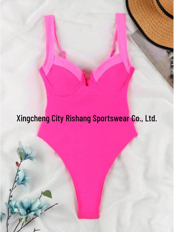 

Европейский и американский женский слитный купальник с цветными блоками - Сексуальный, с высокой талией, свежий дизайн воротника, консервативный стиль Medium розовый