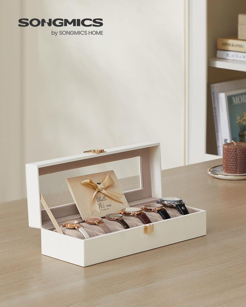 SONGMICS Watch PU Leather Watch Storage Box with Clear Stylish Watch Box for Watches and Day Gift for Men and Birthday White Case, 6-Piece Window,