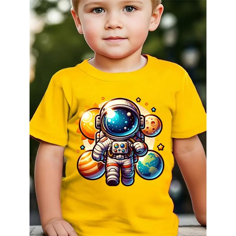 Boys Sun Planet Astronaut Space Cartoon Print Crewneck Short Sleeve Tee, Fashion Summer Casual Top