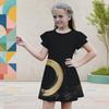 Girls Round Neck Flutter Sleeve American Flag Printed A Line Dress Black Red White