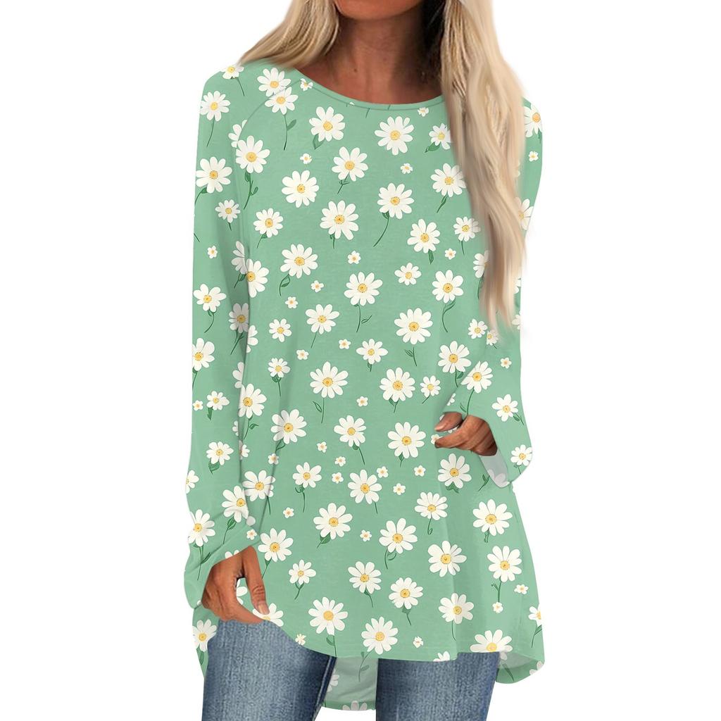 Women's Fashion Casual Long Sleeve Print Round Neck Pullover Top Blouse