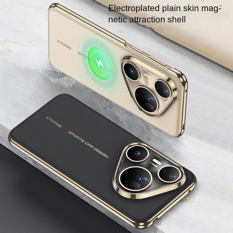 Leather Gilt Plated Frame with Built-in Magnetic Phone Case For Huawei Pura 80 Ultra Pura 80 Pro + Camera Protect Cover