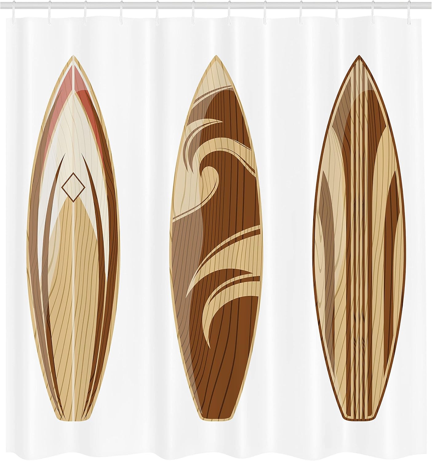 

Surfboard Shower Curtain With Hooks – Wooden Surfboards, Earthy Brown Caramel Design, Coastal Adventure Bathroom Decor W60H190(CM)-1 Pcs