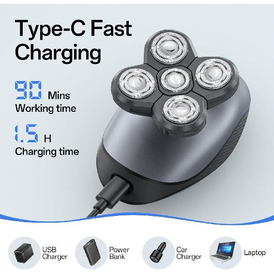 Electric Razor for Men, Head & Body Hair Shaver for Men, Cordless Rechargeable Wet/Dry Bald Head & Groin Waterproof Razor with Rotary