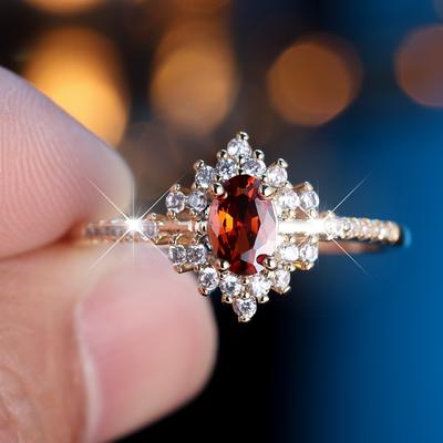1 Pc Golden Color Oval Cut Red Stone Floral Ring Wedding Band Valentine's Day Jewelry