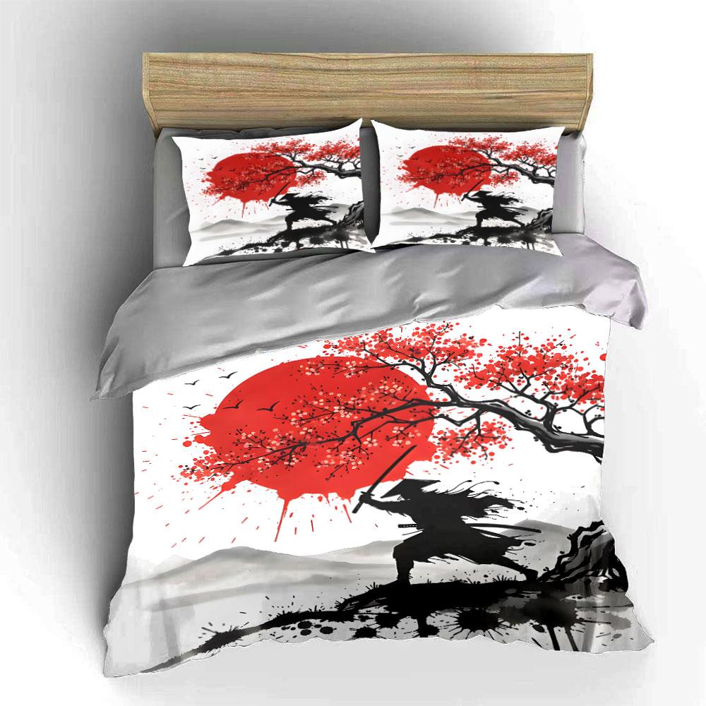Samurai Under Red Sun Art Bedding Duvet Cover Set (1*Duvet Cover 2*Pillowcases, Without Duvet Insert)