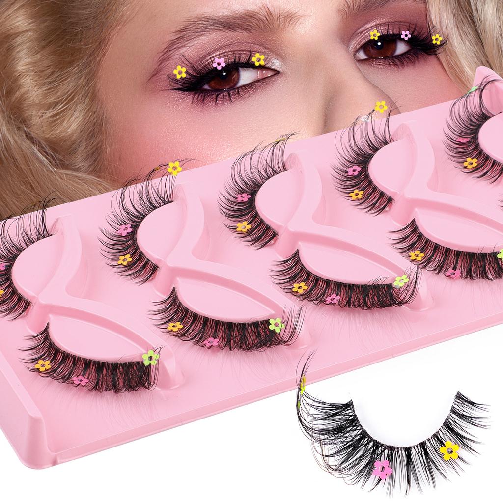5 Pairs Of Fox Transparent Stem False Eyelashes With Cute Colored Flower Sequined Eyelashes