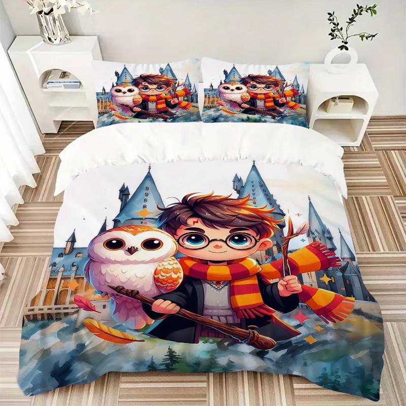 3pcs Harry Potter with Hedwig Quilt Set Cartoon Themed Bed Quilt Set Lovely Character Bedroom Decor Bed Quilt Set Four Seasons (1 Cover + 2Pillow