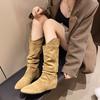 Inner heightening suede pleated stacking boots women's 2025 autumn and winter new pointed western cowboy boots lapel mid boots women