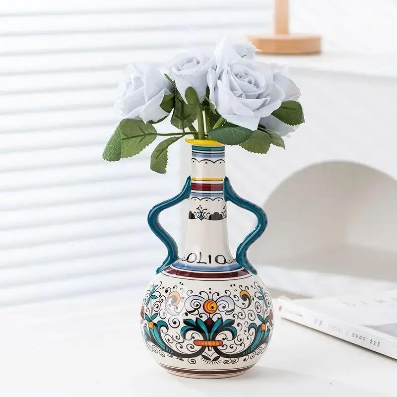 700ml Hand-Painted Ceramic Olive Oil Dispenser, Mediterranean Style Drip-Free Cruet with Handle, Artisanal Vinegar Bottle