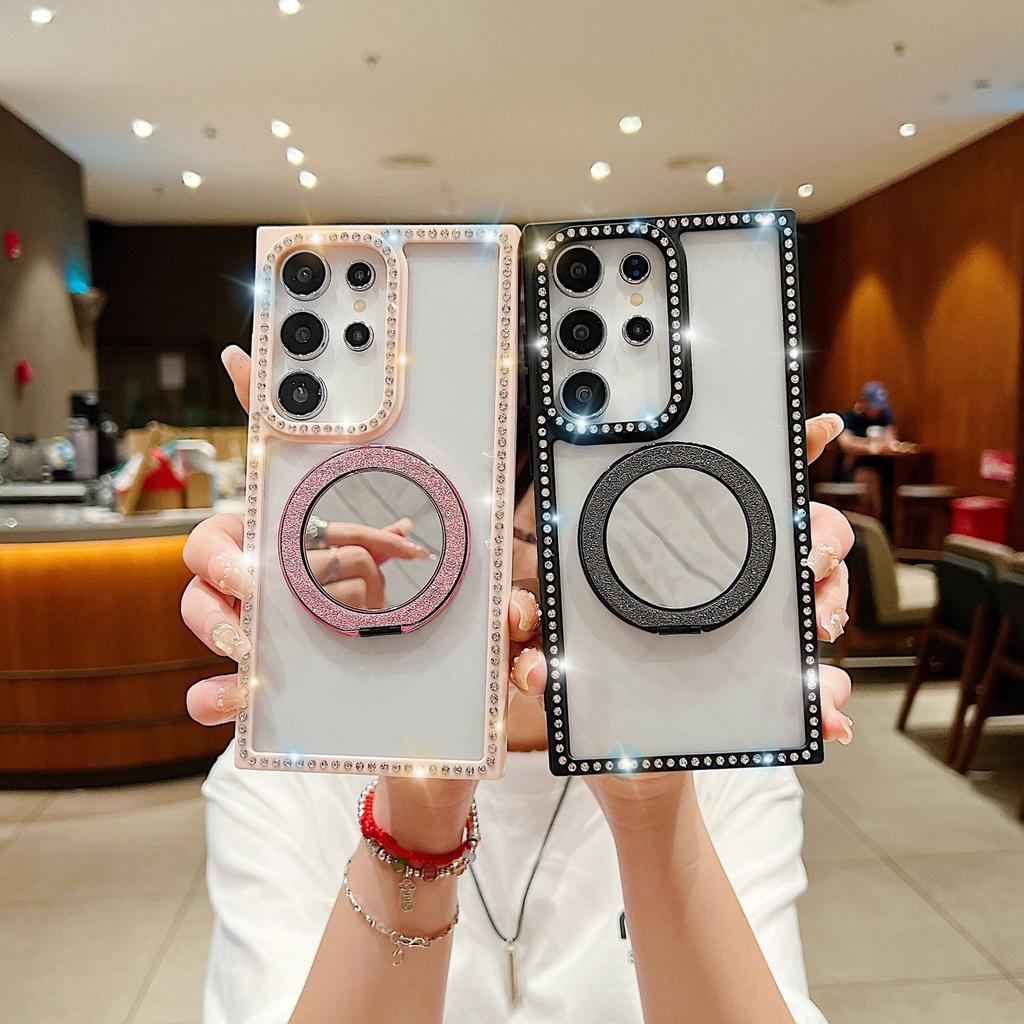 Samsung S25ultra Side Drill Mobile Phone Case Mirror Flashing Stand Transparent A56A15 Suitable for Apple 16Promax