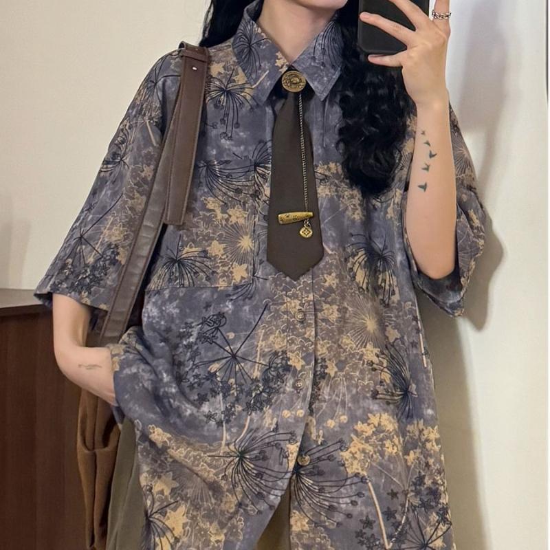 Women Printed Short Sleeved Shirt Chinese Style American Retro Casual tops Turn-down Collar Single Breasted Top with Tie
