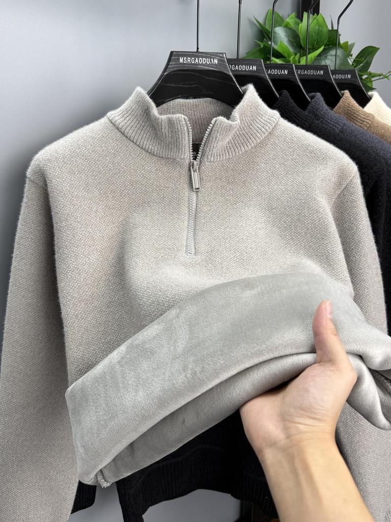 Herren Winter Chenille Pullover - Verdickter Halbhoher Kragen Reißverschluss - Warme Samtgefütterte Basisschicht