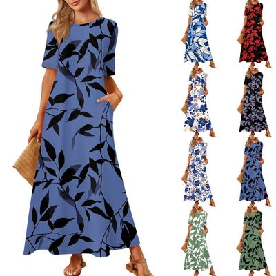 Women's Fashionable And Casual Long Beach Skirt Round Neck Short Sleeved Loose Retro Print Dress