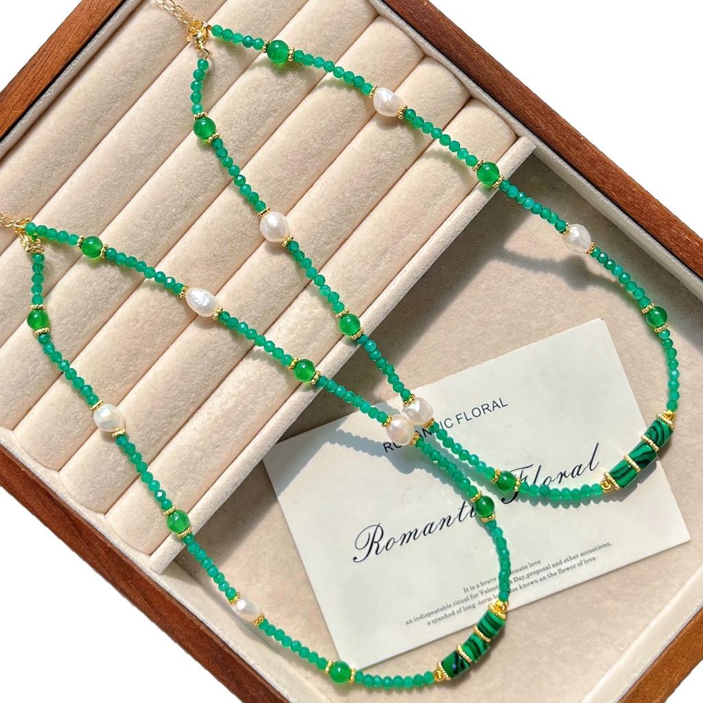 Natural Chrysoprase Freshwater Pearl Design Necklace Collarbone Chain