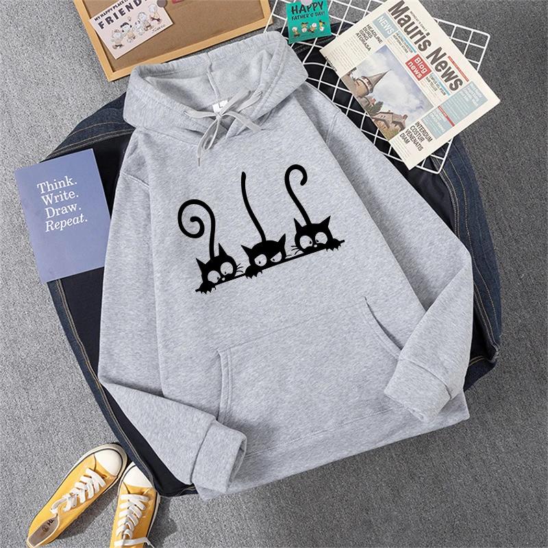 New Womens Sweatshirts Cute Cat Printing Home Party Casual Hoodies Loose Sports Pullover Tops Autumn Winter Daily Woman Clothing