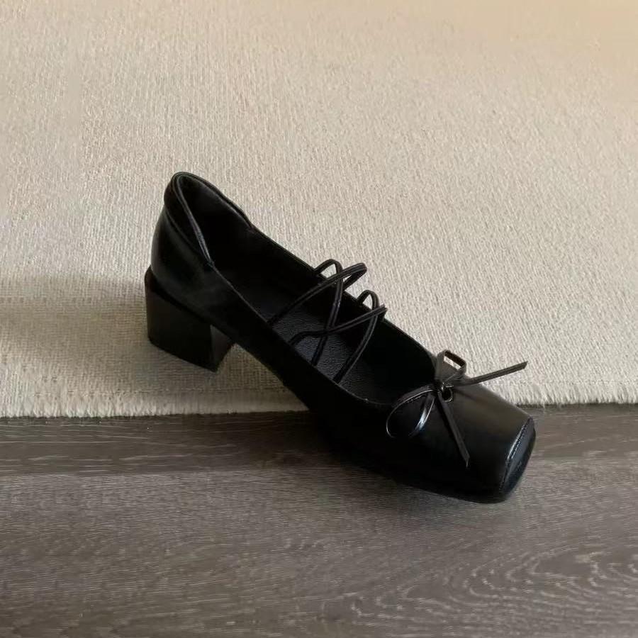 Sheepskin version~ 2025 spring and autumn new single shoes women's thick heel pig nose leather bow thick heel ballet shoes women