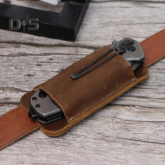 Leather Knife Sheath Men EDC Organizer Retro Belt Carrying Knife Holder Pocket Folding Knife Holster Horizontal Scabbard for Adventurers Belt