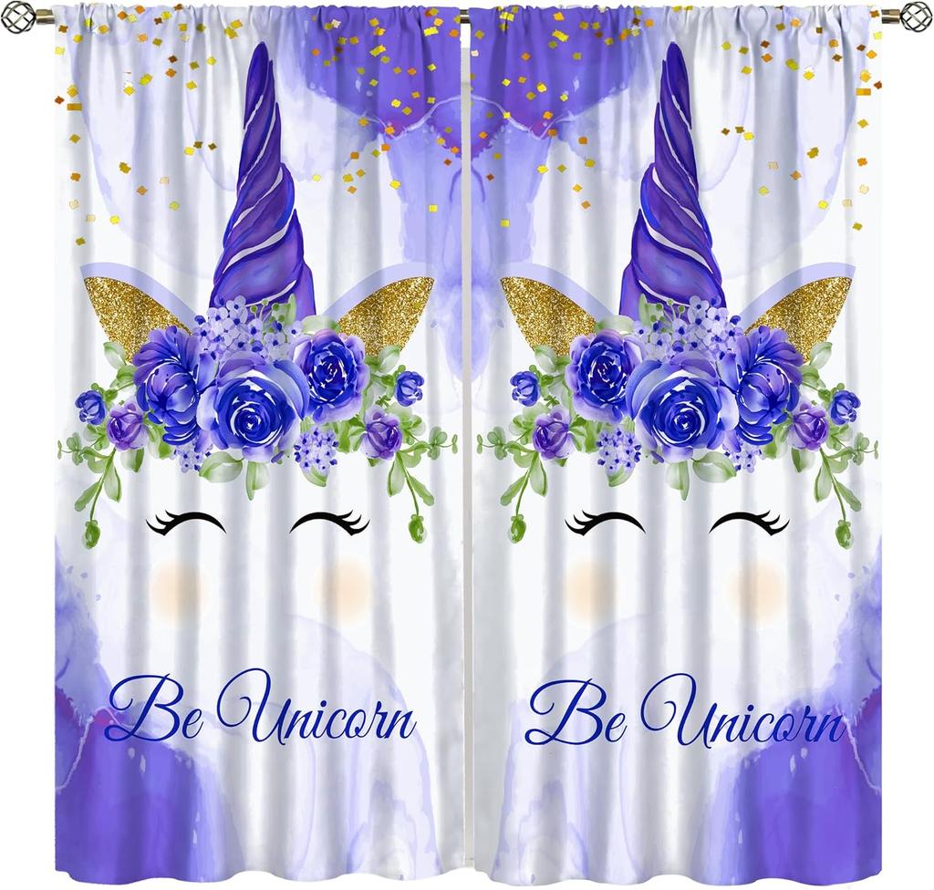 Purple Unicorn Curtains Girls Fantasy Mystery Fairytale Clouds Stars Magic Unicorns Window Drapes Kids Nursery Made Of Polyester